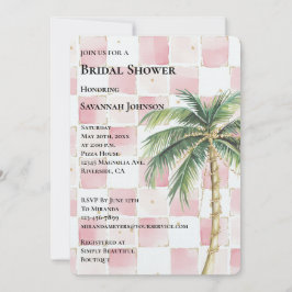 Pink Squares Tropical Gold Palm Tree Brautparty Einladung