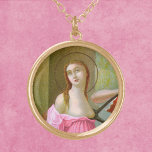 Pink St. Agatha (M 003) Vergoldete Kette<br><div class="desc">St. Agatha wird gegen Brustkrebs angeführt. Hier, in diesem Detail von einem berühmten italienischen maneristischen Gemälde, wurden ihre Kleidungsstücke von cremefarben und leicht aquamarin in rosa Farbtöne umgebaut. Rosa ist das international anerkannte Symbol für Brustkrebsbewusstsein. Adapted Detail eines antiken Chromolithographen veröffentlicht zwischen 1895 und 1907 von A. & M. B....</div>