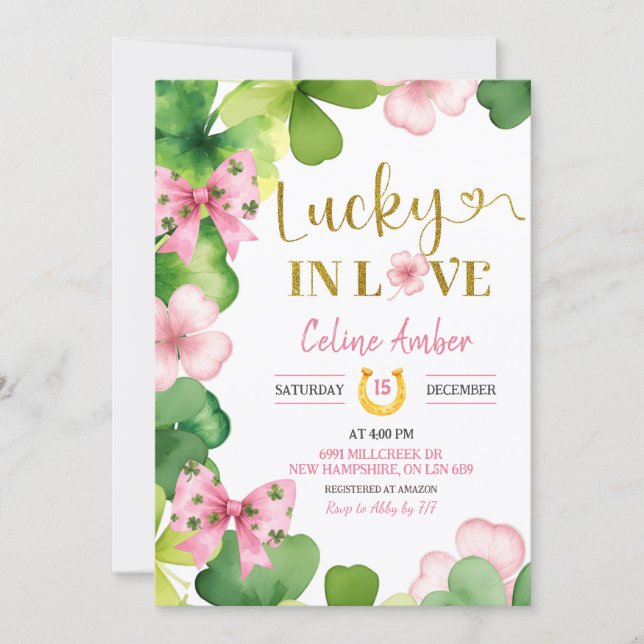 Pink St Patrick Lucky In Love Bridal Shower Einladung (Vorderseite)