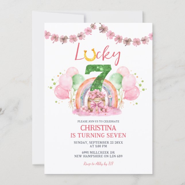 Pink St Patrick Lucky Seven Birthday Invitation Einladung (Vorderseite)