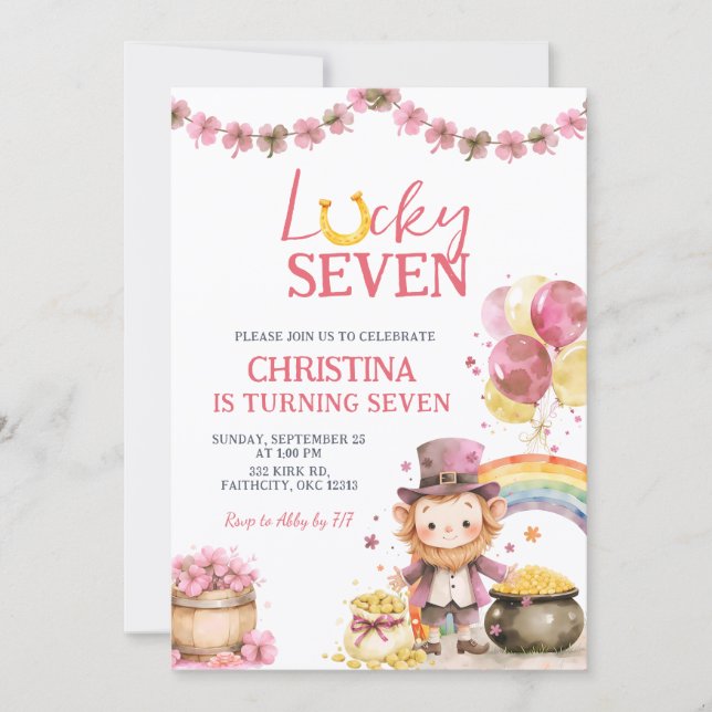 Pink St Patrick Lucky Seven Birthday Invitation Einladung (Vorderseite)