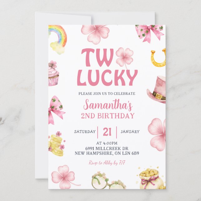 Pink St Patrick Two Lucky Birthday Invitation Einladung (Vorderseite)