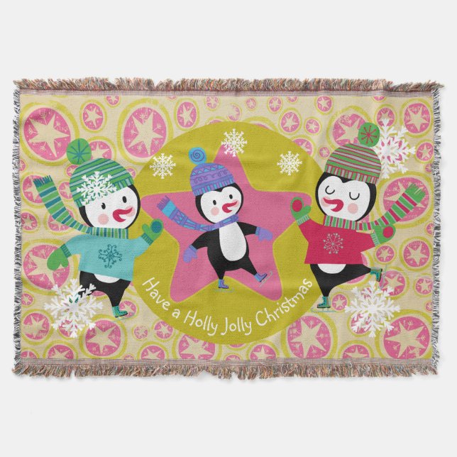 Pink Star Orbs Skaten Penguins Holiday Throw Decke (Vorderseite)