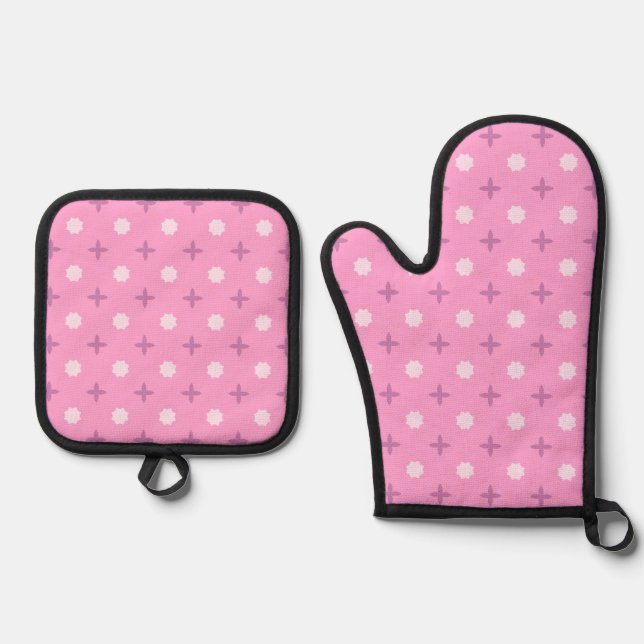 Pink Star Petal Dot Pattern Ofenhandschuh & Topflappen-Set (Vorderseite)