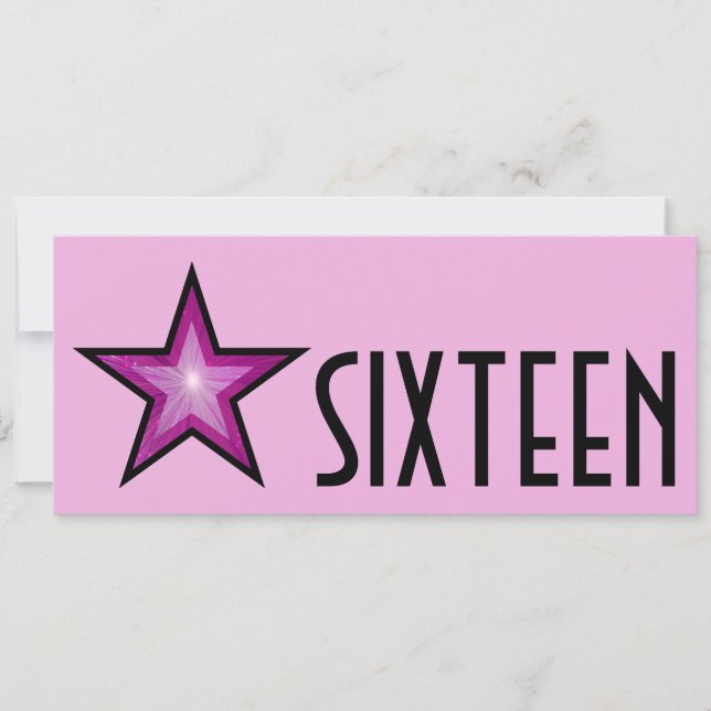 Pink Star "SIXTEEN", pinkfarben, schwarz, lang Einladung (Vorderseite)