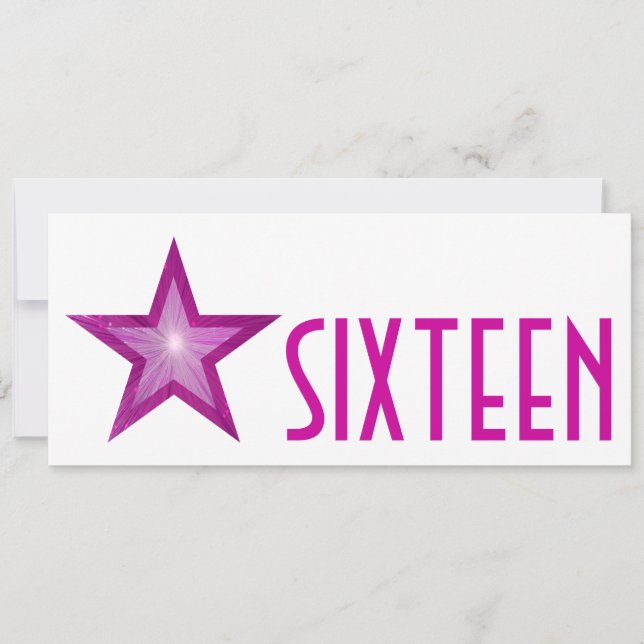Pink Star "SIXTEEN" weiß lang Einladung (Vorderseite)
