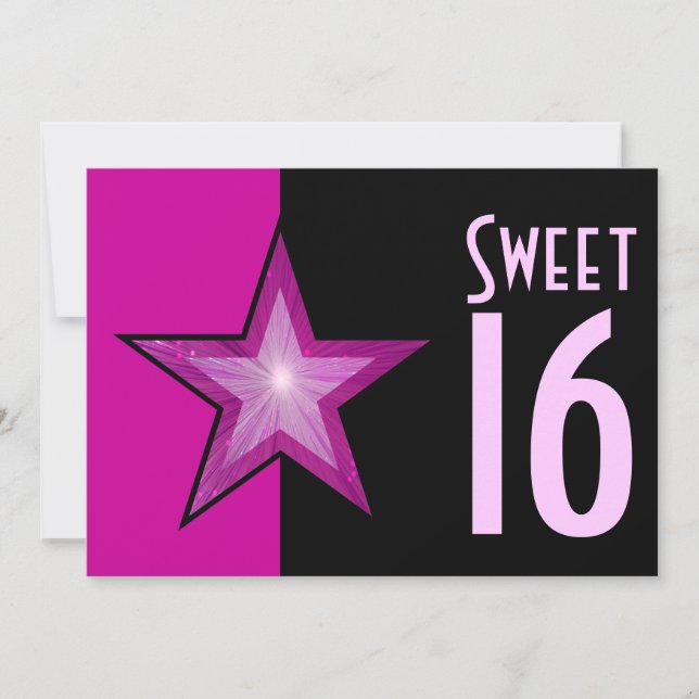 Pink Star 'Sweet 16' pink schwarz Einladung (Vorderseite)
