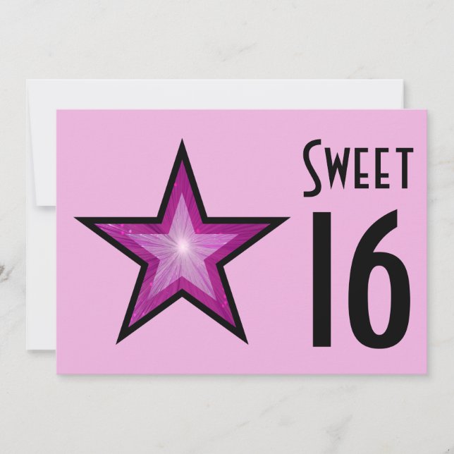 Pink Star "Sweet 16" Pink, schwarz, horizontal Einladung (Vorderseite)