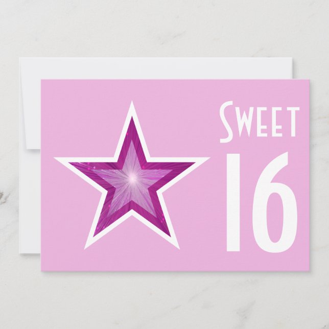 Pink Star "Sweet 16" Pink, weiß, horizontal Einladung (Vorderseite)