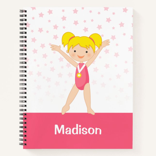 Pink Stars Blonde Girl Gymnastik Personalisiert Notizbuch (Vorderseite)