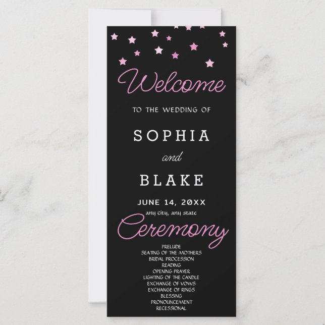 Pink Stars Celestial Black Wedding Program (Vorderseite)