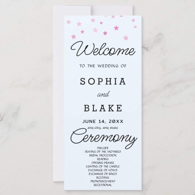 Pink Stars Celestial Light Blue Wedding Program (Vorderseite)