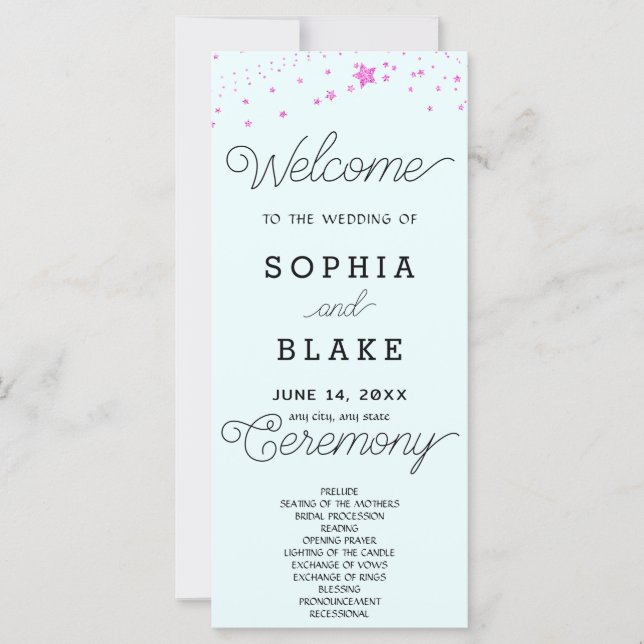 Pink Stars Celestial Light Blue Wedding Program (Vorderseite)