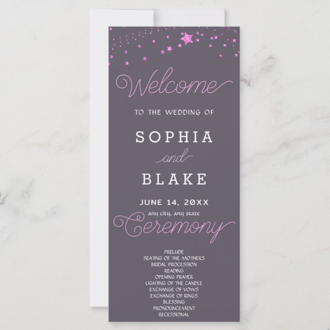 Pink Stars Celestial Smoke Gray Wedding Programm (Vorderseite)