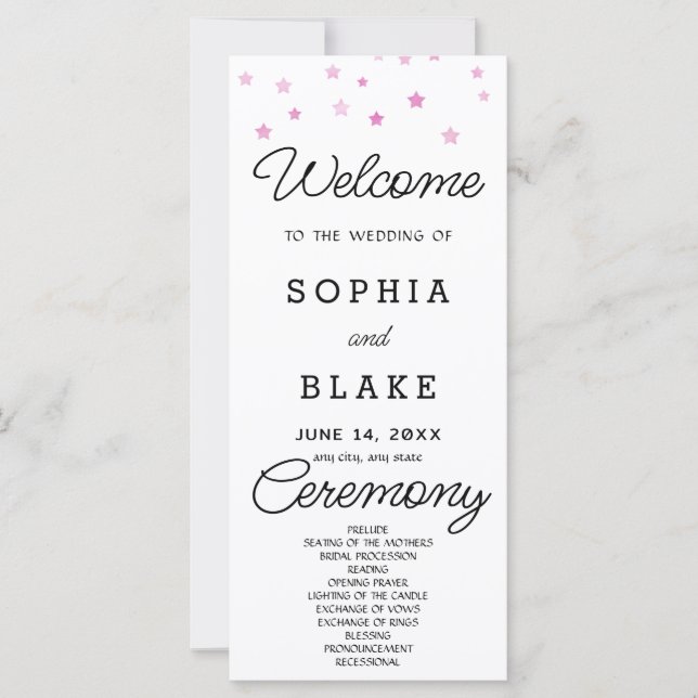 Pink Stars Celestial White Wedding Program (Vorderseite)