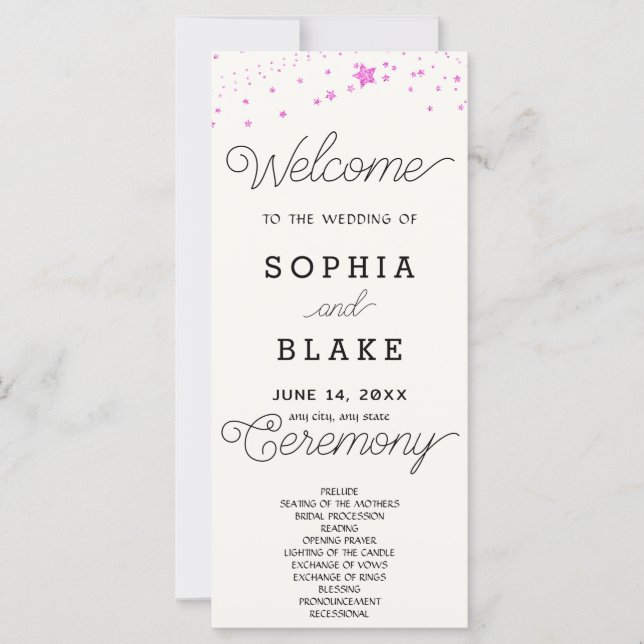 Pink Stars Celestie Off White Wedding Program (Vorderseite)