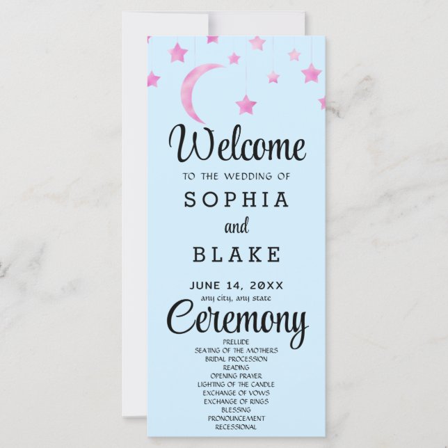 Pink Stars Crescent Moon Blue Wedding Programm (Vorderseite)