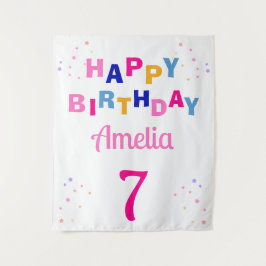 Pink Stars Girl Happy Birthday Wandteppich