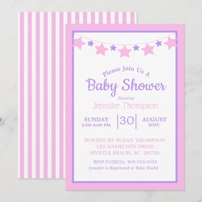 Pink Stars Girls Babydusche Einladung (Vorne/Hinten)
