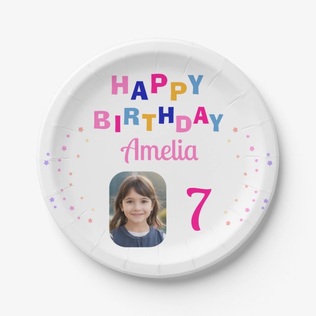 Pink Stars Happy Birthday Party Girl Foto Pappteller (Vorderseite)