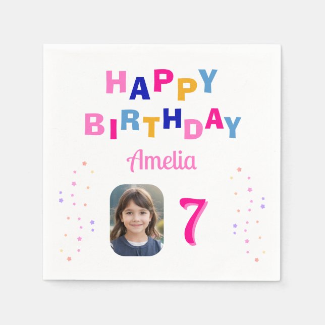 Pink Stars Happy Birthday Party Girl Foto Serviette (Vorderseite)