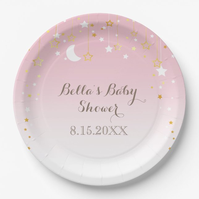 Pink Stars Moon Babydusche Pappteller (Vorderseite)