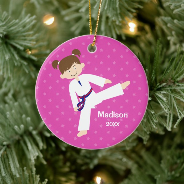 Pink Stars Taekwondo Karate Girl Personalisiert Keramik Ornament (Baum)