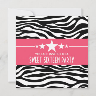 Pink Stars Zebra Print Sweet 16 Einladung
