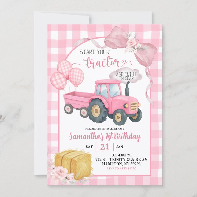 Pink Start Your Tractor Farm Theme Girl Birthday Einladung (Vorderseite)