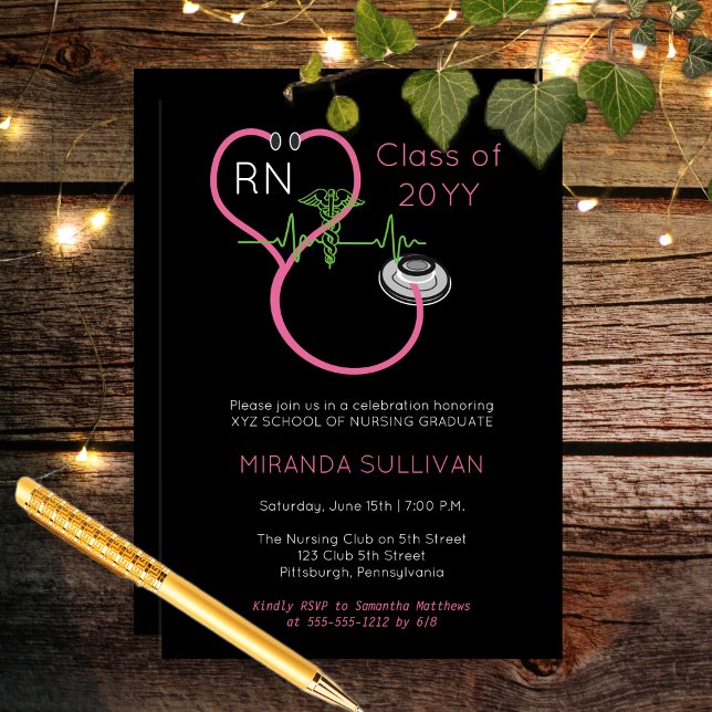 Pink Stethoscope EKG Nursing Graduation Party Einladung (Pink Stethoscope and Caduceus with EKG Line Nurse RN Nursing Graduation Party Invitation Print Digi)
