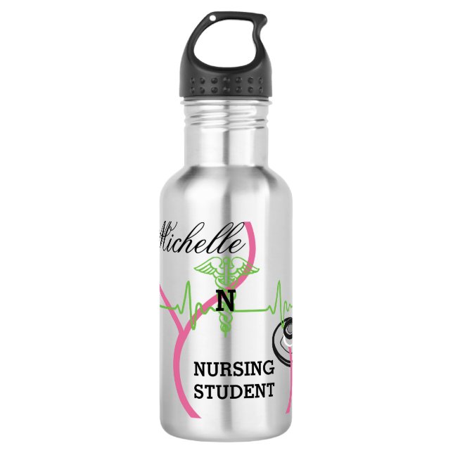 Pink Stethoscope Nursing Student Name Edelstahlflasche (Vorderseite)