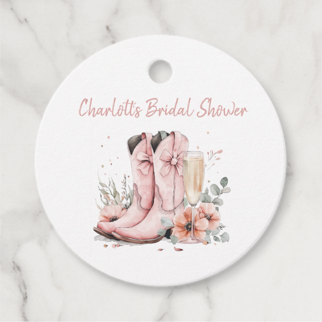 Pink Stiefel & Bubbly Champagner Brautparty Geschenkanhänger (Vorderseite)
