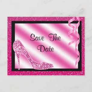 Pink Stiletto & Streamers 70. Save the Date Ankündigungspostkarte