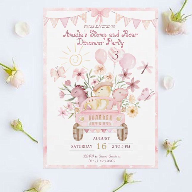 Pink Stomp und Roar Dinosaur Geburtstag Einladung (Von Creator hochgeladen)