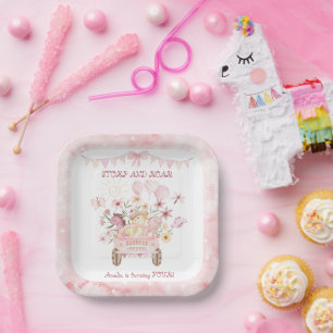 Pink Stomp und Roar Vierter Dinosaurier Geburtstag Pappteller