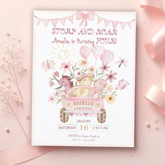 Pink Stomp und Roar Vierter Dinosaurier Geburtstag Postkarte