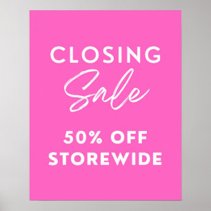 Pink Store Closing Sign, 50% Rabatt Verkauf Poster