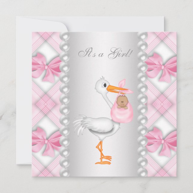 Pink Stork African American Baby Girl Dusche Einladung (Vorderseite)