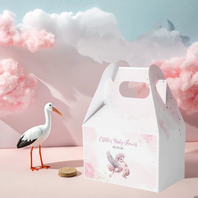 Pink Stork and Cloud Girl Baby Shower Favor Box  Geschenkschachtel (Von Creator hochgeladen)