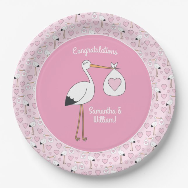 Pink Stork Baby Dusche Pappteller (Vorderseite)