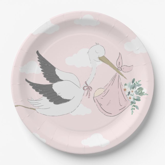Pink Stork Baby Dusche Pappteller (Vorderseite)