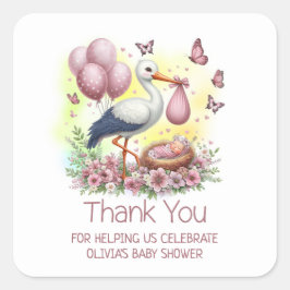 Pink Stork Baby Girl Babydusche Danke Quadratischer Aufkleber