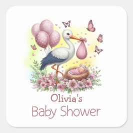 Pink Stork Baby Girl Babydusche Quadratischer Aufkleber