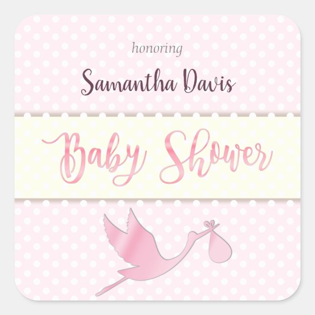 Pink Stork Baby Girl Babydusche Quadratischer Aufkleber (Vorderseite)