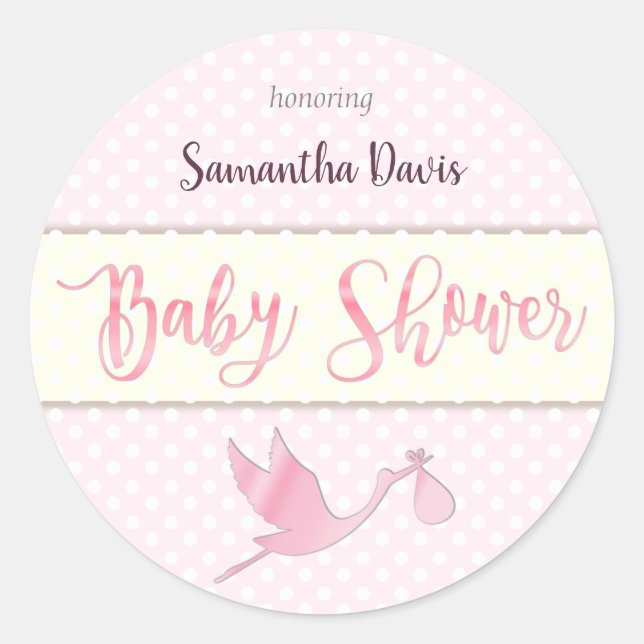 Pink Stork Baby Girl Babydusche Runder Aufkleber (Vorderseite)