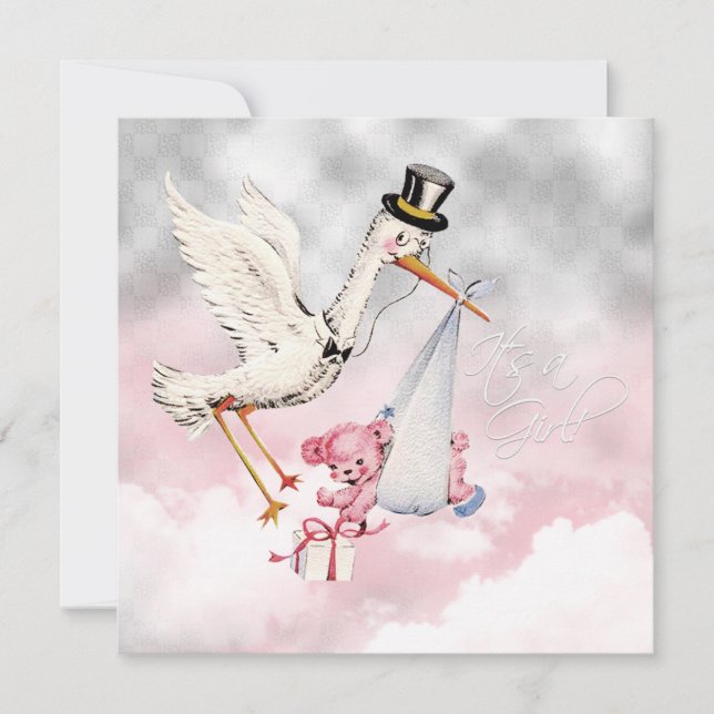 Pink Stork Baby Girl Dusche Einladung (Vorderseite)