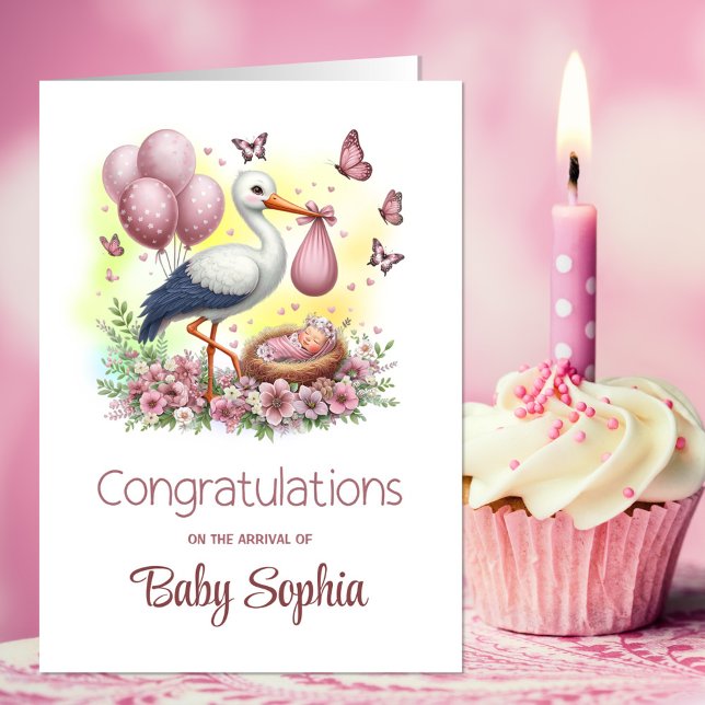 Pink Stork Baby Girl Gratulation Karte (Von Creator hochgeladen)