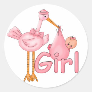 Pink Stork Baby Girl Runder Aufkleber