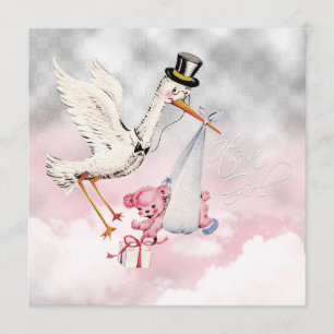 Pink Stork Baby Girl Shower Einladung