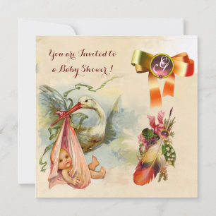 PINK STORK GIRL BABY DUSCHE, GEMSTONE MONOGRAM EINLADUNG